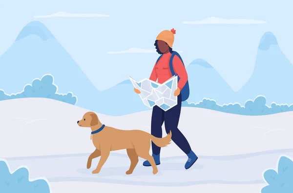冬のフラットカラーベクトルイラストのハイキングルート 動物との積極的なレクリエーションの女の子 地図を持つ男犬と歩く冬の山の丘と2D漫画のキャラクターを背景に — ストックベクタ