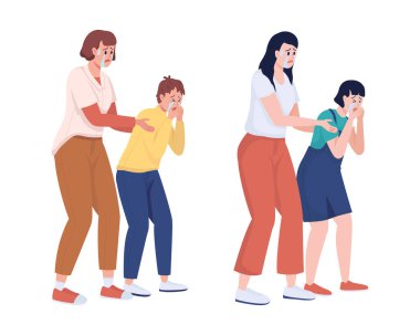 Çocuklu ağlayan anneler yarı düz renk vektör karakterleri ayarlandı. Çocuklu kadınlar tehlikeli durumlardan korkarlar grafik tasarım ve animasyon için modern karikatür tarzı çizimler izole ederler.