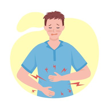 Karın ağrısı olan yarı düz renk vektör karakteri olan bir adam. Poz figürü. Beyazın üzerinde tam vücut insan. Covid sendromu sonrası grafik tasarım ve animasyon için izole edilmiş modern çizgi film stili çizimi