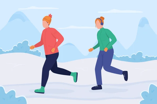 Entrenamiento Durante Invierno Ilustración Vectorial Color Plano Hombre Mujer Corriendo — Vector de stock