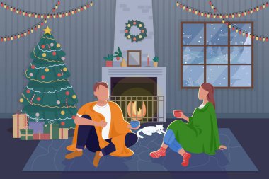 Romantik kış akşamı düz renk vektör çizimi. Noel 'i ağacın yanında hediyelerle kutluyoruz. Evdeki şöminede oturan çift. Arka planda 2D çizgi film karakterleri.