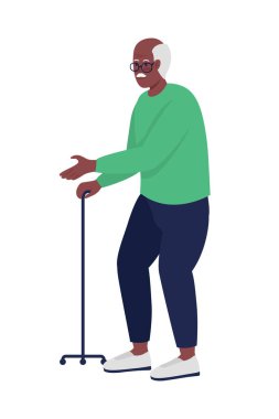 Yaşlı adam yarı düz renk vektör karakteri ile yürüyor. Poz figürü. Beyazın üzerinde tam vücut insan. Grafik tasarımı ve animasyonu için modern karikatür stili çizimleri olan büyük baba