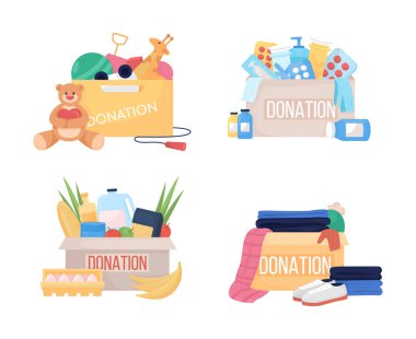 Donation box semi flat color vector item set. Full realistic object on white. Supply for humanitarian aid isolated modern cartoon style illustration for graphic design and animation clipart