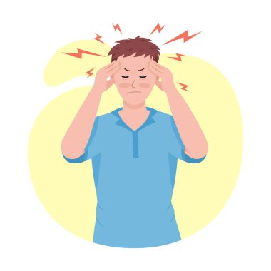Yarı düz renk vektör karakterli baş ağrısı olan bir adam. Poz figürü. Beyazın üzerinde tam vücut insan. Covid sendromu sonrası grafik tasarım ve animasyon için izole edilmiş modern çizgi film stili çizimi