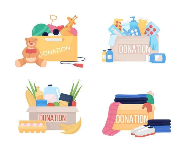 Donation Box Semi Flat Color Vector Item Set Full Realistic — Stock Vector