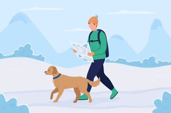 ハイキングルートフラットカラーベクトルイラストを検索します トレッキング道を探してる 地図を持つ男犬と歩く冬の山の丘と2D漫画のキャラクターを背景に — ストックベクタ
