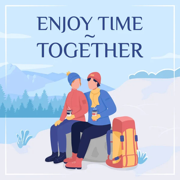 Couple Camping Hiver Médias Sociaux Post Maquette Profitez Temps Ensemble — Image vectorielle