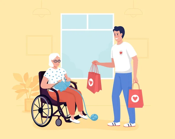Dobroczynność Dla Starszych Płaski Kolor Wektor Ilustracji Wolontariuszka Odwiedzająca Niepełnosprawną — Wektor stockowy