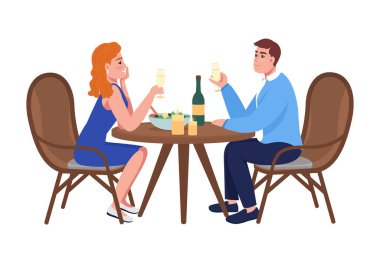 Romantik akşam yemeği yarı düz renk vektör karakterler çift. Oturan figürler. Beyazın üstüne tüm vücudu olan insanlar. Grafik tasarım ve animasyon için izole edilmiş modern çizgi film stili çizimini kutla