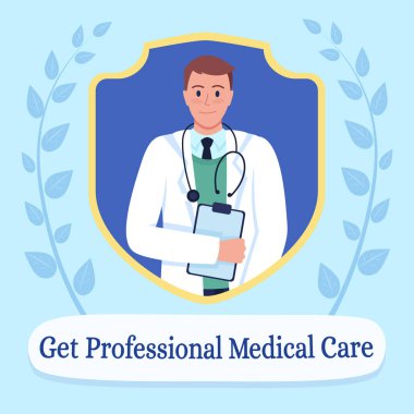 Sosyal medyada sağlık sigortası modeli. Profesyonel tıbbi bakım tabiri bul. Web pankartı tasarım şablonu. Destekleyici, yazıyla birlikte içerik düzeni. Poster, baskı reklamları ve düz illüstrasyon