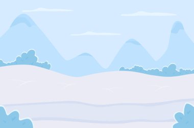 Kışın sabah düz renk vektör çizimi. Gündüz vakti donmuş arazi manzarası. Kış tepelerinde kar. Arkaplanda çıkıntıları ve zirveleri olan panoramik 2B karikatür manzarası