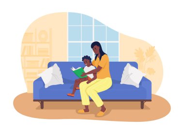 Kitap kurdu çocuk 2D vektör izole resimleme. Anne çizgi film arka planında erkek düz karakterlere kitap okuyor. Birlikte vakit geçirmek. Bilişsel beceriler geliştirme renkli sahne