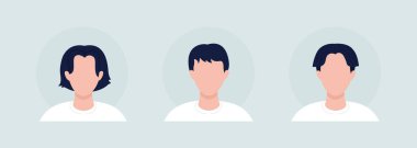 Farklı saç kesimleri olan genç çocuk yarı düz renk vektör karakter avatar seti. Ön taraftan portre. Grafik tasarım ve animasyon paketi için izole edilmiş modern çizgi film stili çizimi