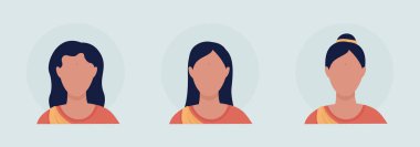 Farklı saç modelleri olan genç bir kadın yarı düz renk vektör karakter avatar seti. Ön taraftan portre. Grafik tasarım ve animasyon paketi için izole edilmiş modern çizgi film stili çizimi