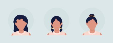 Farklı kız saç stilleri, yarı düz renk vektör karakter avatar seti. Sıradan bir tarz. Ön taraftan portre. Grafik tasarım ve animasyon paketi için izole edilmiş modern çizgi film stili çizimi