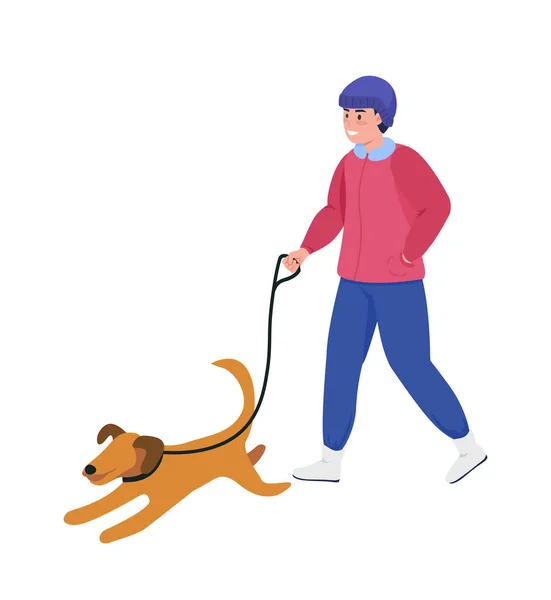 快乐的家伙与狗半扁平的颜色矢量字符 走起路来全身白皙的人冬季孤立的现代漫画风格图解 用于平面设计和动画制作 — 图库矢量图片