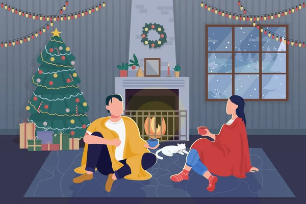 ロマンチックなクリスマスの夜フラットカラーベクトルイラスト お祭りの休日のレクリエーション活動 カップル座って暖炉に自宅で二次元漫画のキャラクターを背景にインテリア — ストックベクタ