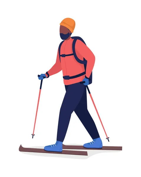 Homem Casaco Vermelho Esquiando Personagem Vetorial Cor Semi Plana Figura —  Vetores de Stock