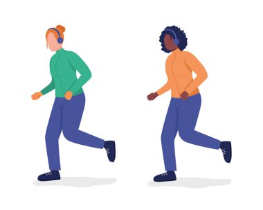 Yarı düz renk vektör setinde koşan kadınlar. Poz figürü. Beyazın üstüne tüm vücudu olan insanlar. Açık hava eğlencesi grafik tasarım ve animasyon için izole edilmiş modern çizgi film stili çizimi
