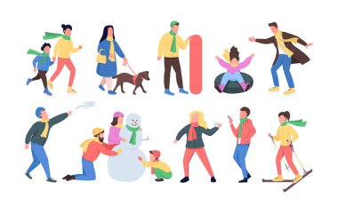 Kış zamanı yarı düz renk vektör seti. Poz figürleri. Beyazın üstüne tüm vücudu olan insanlar. Grafik tasarım ve animasyon koleksiyonu için aile eğlencesi izole edilmiş modern çizgi film stili çizimi