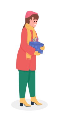 Noel hediyesi olan kız yarı düz renk vektör karakteri. Ayakta duran figür. Beyazın üzerinde tam vücut insan. Tatil kutlaması, grafik tasarım ve animasyon için modern çizgi film stili çizimlerini izole etti