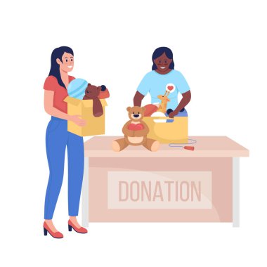 Gönüllü kadın yarı düz renk vektör karakteri. Poz figürü. Beyazın üzerinde tam vücut insan. Sosyal servis, grafik tasarım ve animasyon için modern çizgi film stili çizimini izole etti