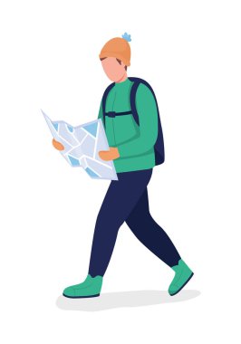 Yeşil ceketli, yarı düz renk vektör karakterli adam. Poz figürü. Beyazın üzerinde tam vücut insan. Açık hava eğlencesi grafik tasarım ve animasyon için izole edilmiş modern çizgi film stili çizimi