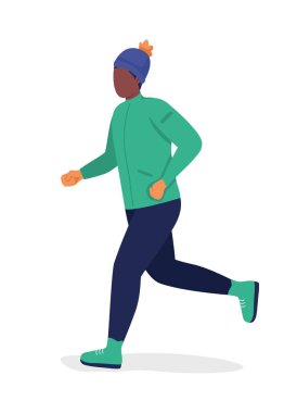 Yeşil ceketli koşan adam yarı düz renk vektör karakter. Poz figürü. Beyazın üzerinde tam vücut insan. Açık hava eğlencesi grafik tasarım ve animasyon için izole edilmiş modern çizgi film stili çizimi