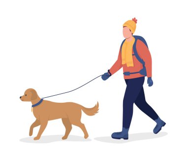 Kışın köpekli bir adam yarı düz renk vektör karakteri. Poz figürü. Beyazın üzerinde tam vücut insan. Açık hava eğlencesi grafik tasarım ve animasyon için izole edilmiş modern çizgi film stili çizimi