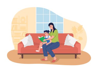 Çocuğu 2D vektör izole illüstrasyonunu okumaya teşvik etmek. Bayan ebeveyn, çizgi film arka planındaki düz karakterlere kitap okuyor. Bilişsel çocuk gelişimi renkli bir sahne