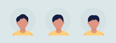 Çeşitli erkek saç stilleri yarı düz renk vektör karakter avatar seti. Sıradan bir tarz. Ön taraftan portre. Grafik tasarım ve animasyon paketi için izole edilmiş modern çizgi film stili çizimi
