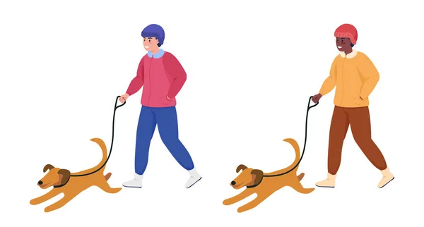 人走路的时候带着狗的半平色矢量字符集 摆设数字 全身白皙的人用于平面设计和动画包的冬季隔离现代卡通风格插图 — 图库矢量图片
