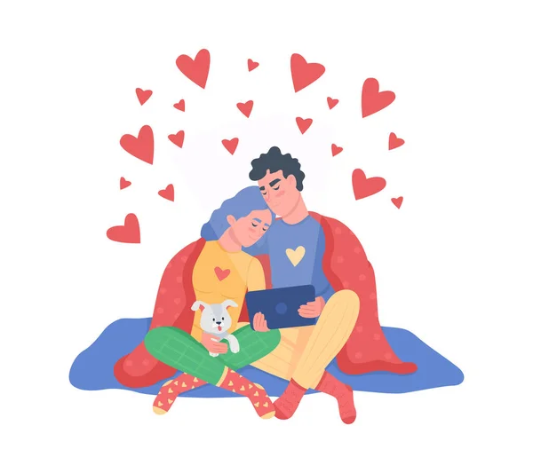 Pareja Viendo Película Semi Plana Color Vector Caracteres Figuras Sentadas — Archivo Imágenes Vectoriales