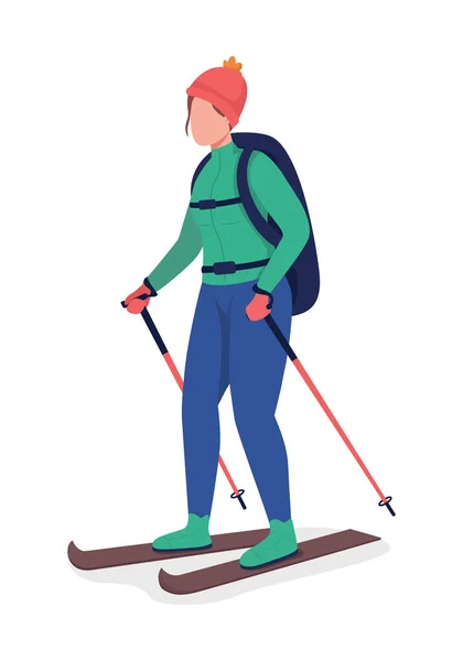 Mädchen Grünem Mantel Skifahren Halb Flache Farbvektor Charakter Posing Figur — Stockvektor
