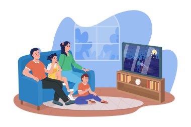 2D vektörlü bir korku filmi izlemek izole edilmiş bir resimdir. Çocuklu ebeveynler çizgi film arka planında aynı koltukta oturuyorlar. Aile bağları Renkli sahne