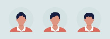 Farklı erkek saç stilleri yarı düz renk vektör karakter avatar seti. Sıradan bir tarz. Ön taraftan portre. Grafik tasarım ve animasyon paketi için izole edilmiş modern çizgi film stili çizimi