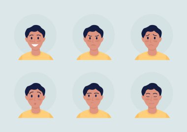 Farklı duyguları olan çocuk yarı düz renk vektör karakter avatar seti. Sıradan bir tarz. Ön taraftan portre. Grafik tasarım ve animasyon paketi için izole edilmiş modern çizgi film stili çizimi