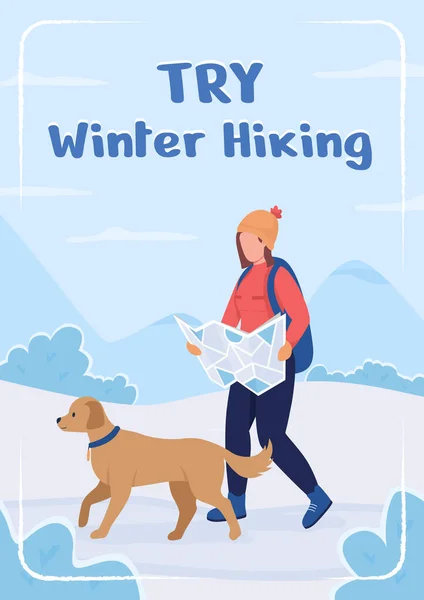 Trate Invierno Senderismo Plantilla Vector Plano Trekking Estacional Folleto Folleto — Archivo Imágenes Vectoriales