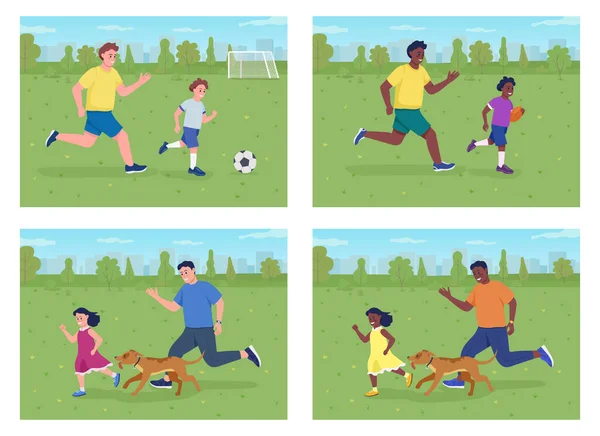 お父さん屋外フラットカラーベクトルイラストセットで遊ぶ 一緒に訓練犬 サッカーゲーム 背景に緑の風景と父親の2D漫画のキャラクターコレクションと笑顔の子供たち — ストックベクタ