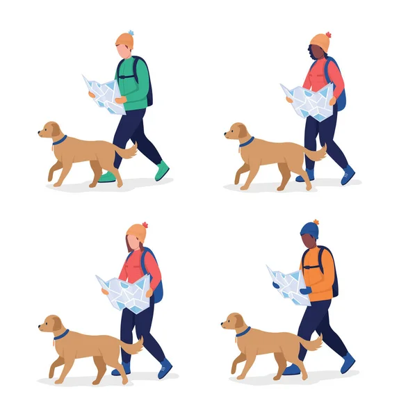 带着狗的半平面颜色矢量集的人徒步旅行 装模作样 全身白皙的人户外休闲活动隔离了现代卡通风格的图解 用于平面设计和动画制作 — 图库矢量图片