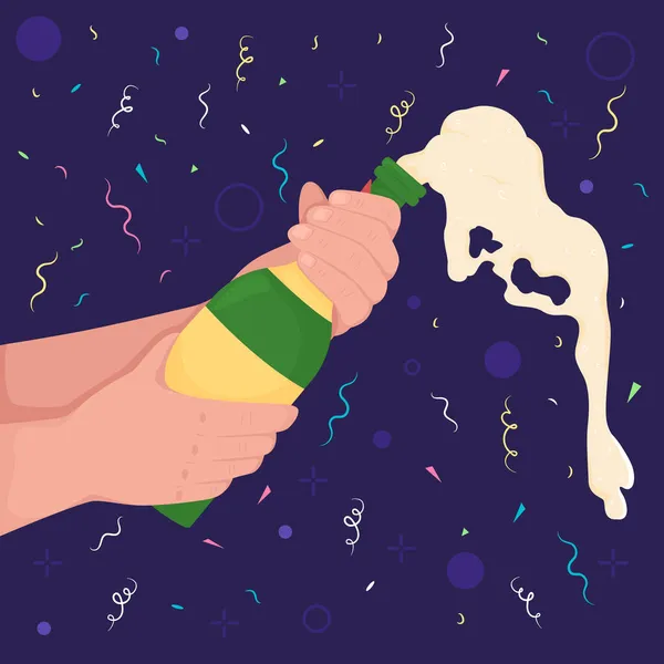 Holding Bottle Pouring Sparkling Wine Flat Color Vector Illustration Celebrating — Stock Vector