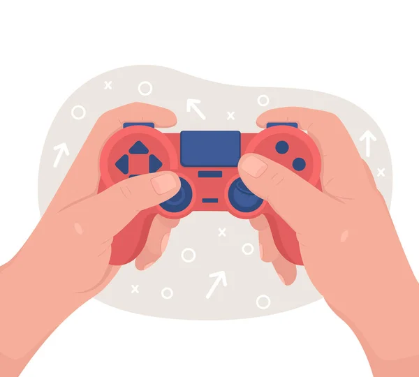 ゲームパッドで遊ぶ2Dベクトル絶縁イラスト ゲーマーはビデオゲームを制御します 漫画の背景にエンターテイメントフラット最初のビューの手 コンソールコントローラカラフルなシーンを持つプレーヤー — ストックベクタ