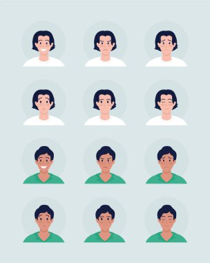 Çeşitli çocuklar yüz ifadeleri yarı düz renk vektör karakter avatar seti. Ön taraftan portre. Grafik tasarım ve animasyon paketi için izole edilmiş modern çizgi film stili çizimi