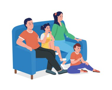 Koltukta yarı düz renkli vektör karakterler oturan çocuklu aileler. Beyazın üstüne tüm vücudu olan insanlar. Grafik tasarım ve animasyon için benzersiz bir bağ oluşturuluyor
