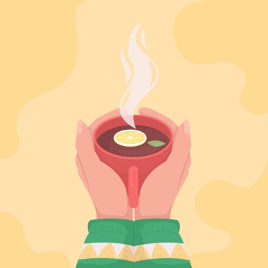 Siyah limon çayıyla ısınan düz renk vektör çizimi. Nane ve narenciyeli dumanı tüten sıcak içecek. Aromatik içecek kupasını alarak 2D karikatür ilk bakışta soyut arkaplan ile