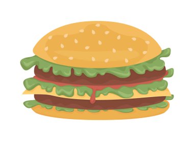 Hamburger yarı düz renk vektör nesnesi. Beyaz konusunda tamamen gerçekçi. Abur cubur. Sağlıksız fast food sandviçi grafik tasarım ve animasyon için modern çizgi film stili çizimleri izole etti