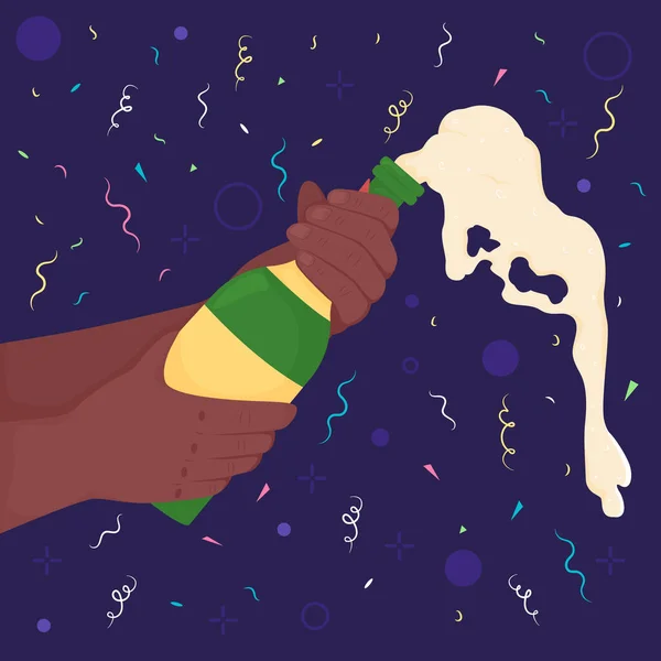 打开闪闪发光的酒瓶扁平的颜色矢量插图 庆祝节庆活动 带酒精模糊饮料的杯子2D卡通第一眼手 背景抽象 — 图库矢量图片