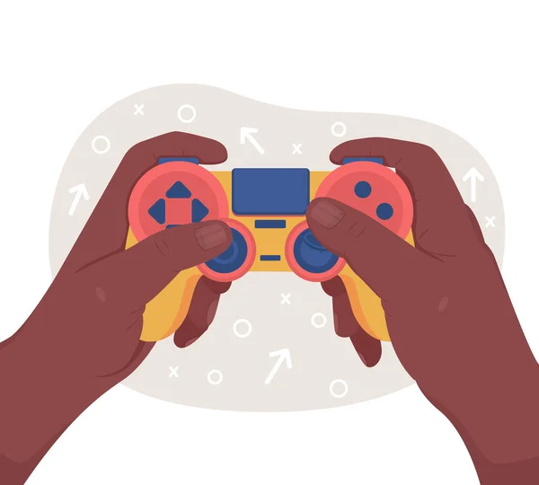 ホールディングゲームパッド2Dベクトル絶縁イラスト ゲーマーはビデオゲームをプレイ 漫画の背景にサイバーエンターテイメントフラット最初のビューの手 コンソールコントローラカラフルなシーンを持つプレーヤー — ストックベクタ