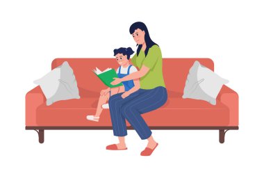 Anne ve kızı yarı düz renk vektör karakterler okuyor. Beyazın üstüne tüm vücudu olan insanlar. Grafik tasarım ve animasyon için aile bağları izole edilmiş modern çizgi film stili çizimi