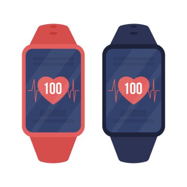 Fintess Tracker yarı düz renk vektör nesnesine sahip akıllı bir eşleşme. Beyaz konusunda tamamen gerçekçi. Kalp atışlarını izole etmek grafik tasarım ve animasyon paketi için modern çizgi film stili çizimleriName